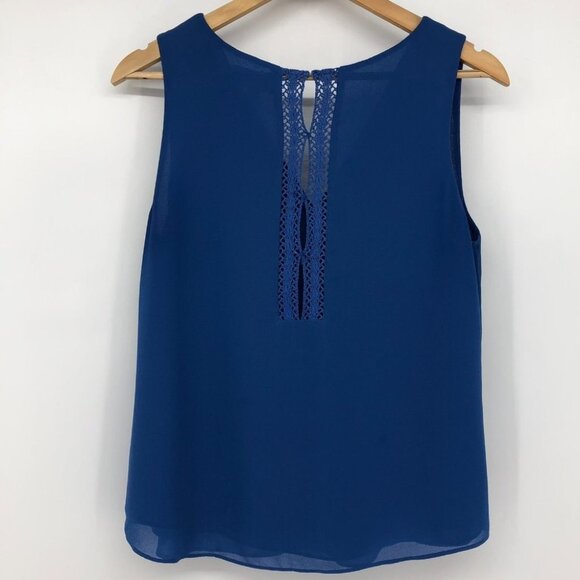 Lost April Cobalt Blue Lace trim  V-neck Chiffon Sleeveless Blouse LG - Picture 2 of 13